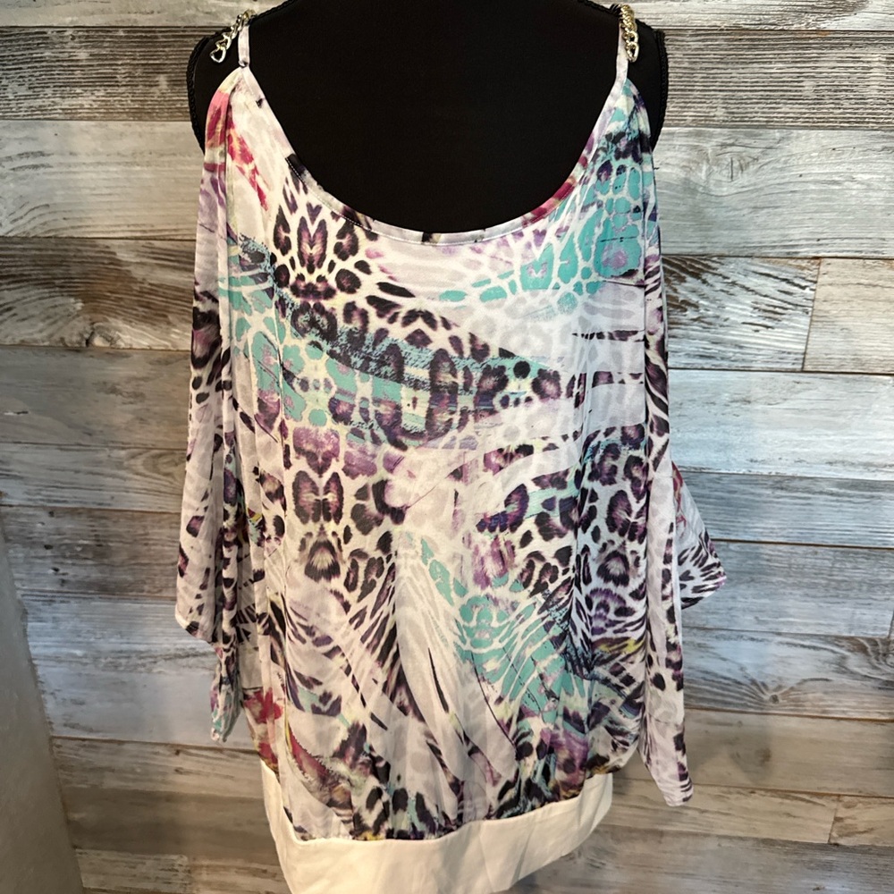 Jennifer Lopez Multicolor Animal Print Cold Shoulder Blouse with Chain Accents